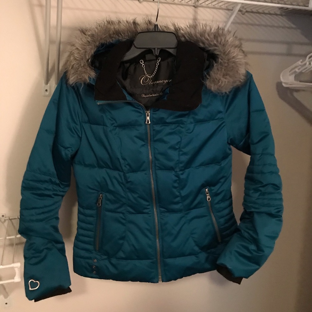 Teal Obermeyer fitted moto coat, rmvbl fur hood
